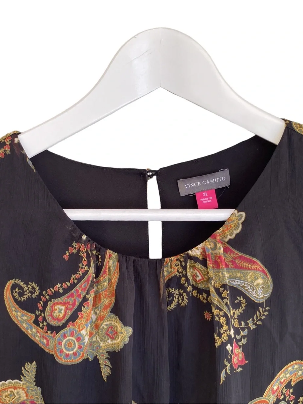 VINCE CAMUTO Top Blouse Sleeveless High Neck Rich Black Paisley Print Women XL - Picture 3 of 10